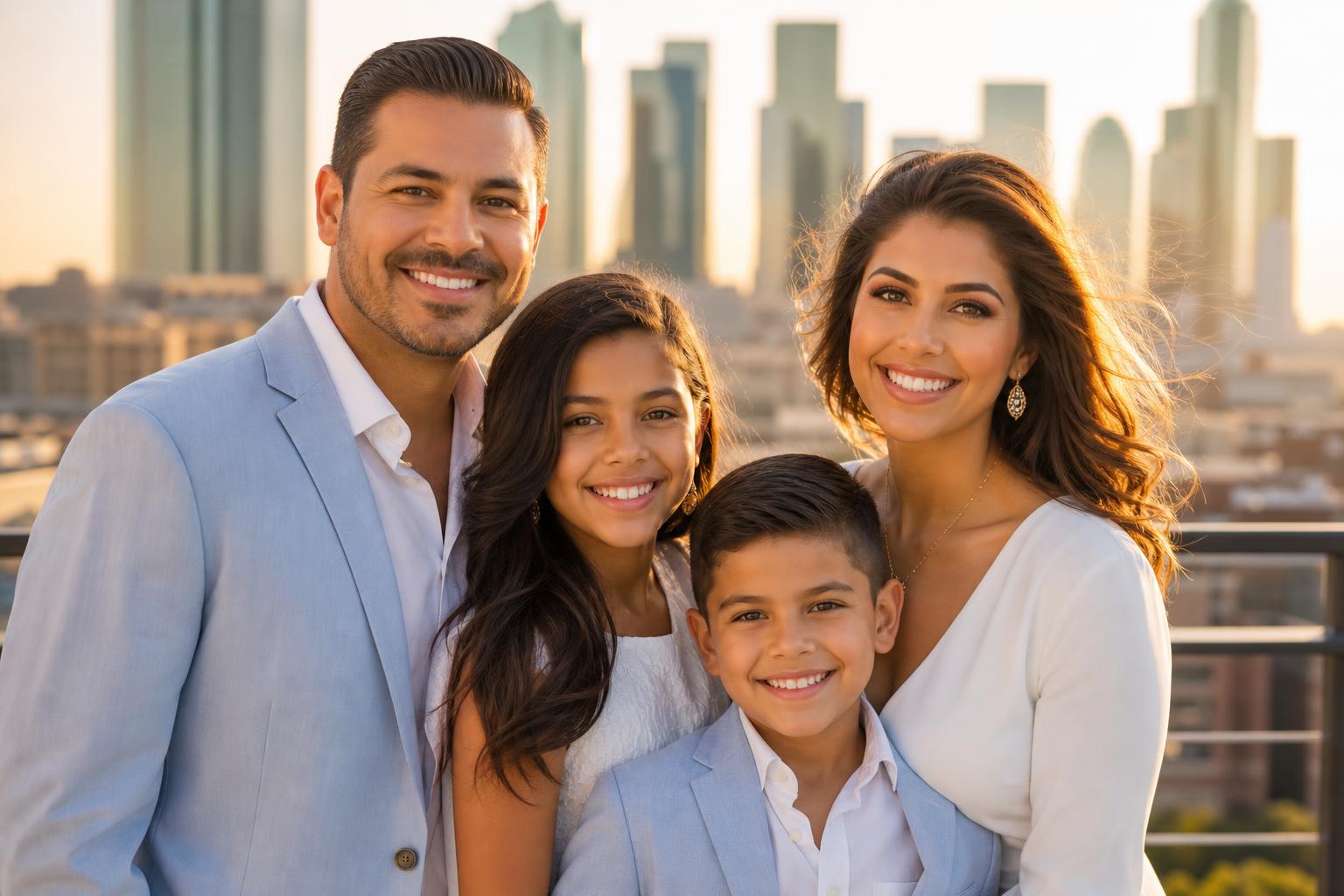 Familia latina feliz atendida en Clinica Latina, Irving TX